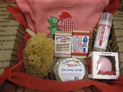 Holiday Gift Set, including all-natural herbal pillow, natural sea sponge with detachable handle, huge bath bomb, spa soap scrub, twist-up lotion stick, and 2 all-natural soaps.
