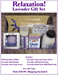 Lavender Gift Set, including all-natural eye pillow, lavender bath bomb, lavender spa soap scrub, lavender twist-up lotion stick, lavender all-natural soap, and lavender basil goat milk bath soak.